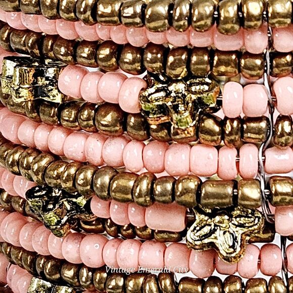 Golden Flowers & Coral Seeds Beaded Bracelet Spiral Coil Wire Retro Wrap Cuff - Picture 5 of 12